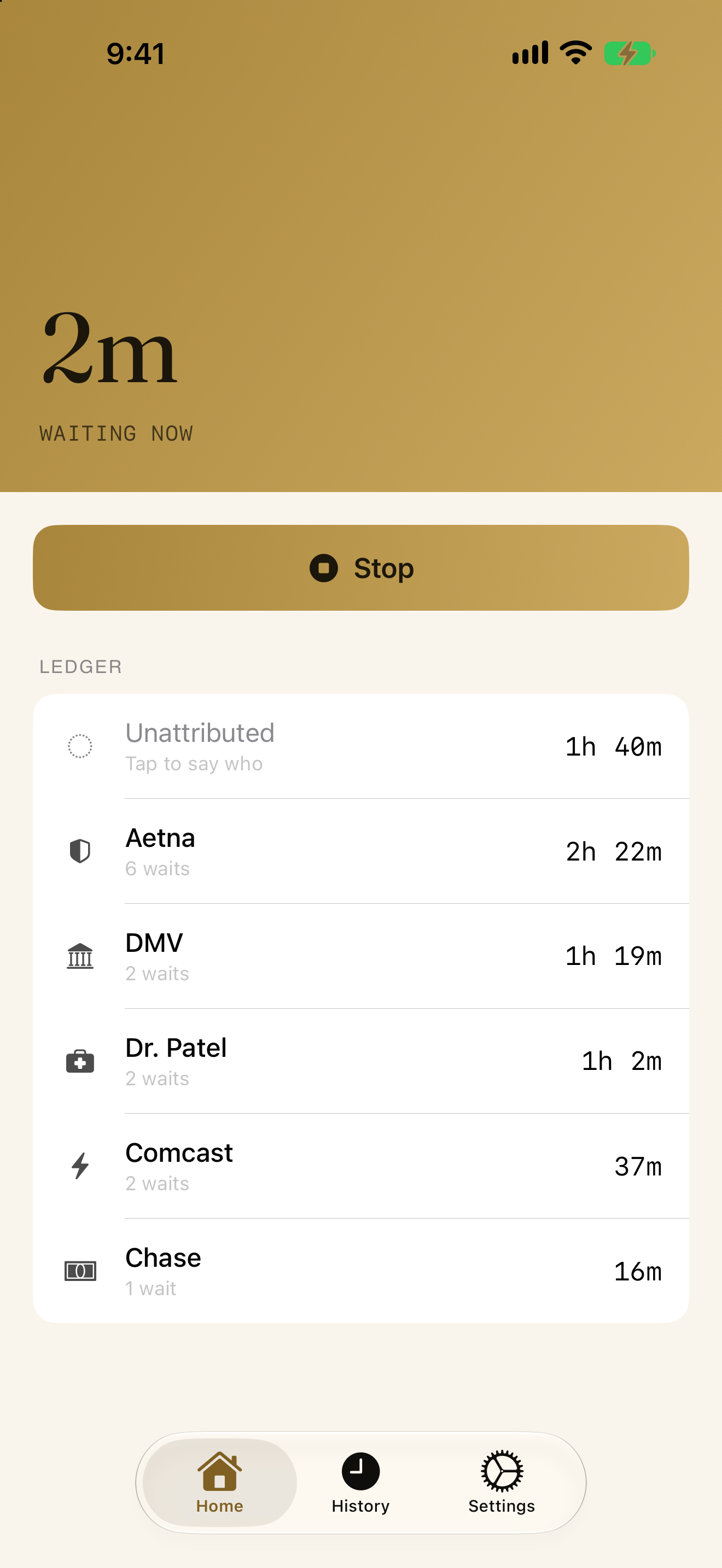 A wait in progress, showing two minutes elapsed and a stop button.