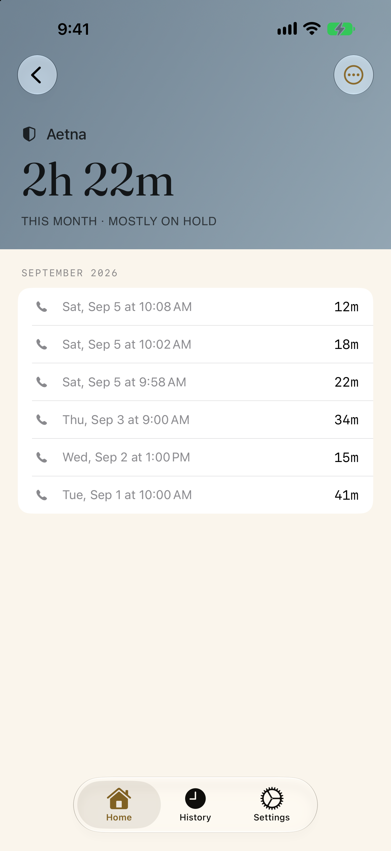 A counterparty detail screen showing two hours twenty two minutes with one insurer this month.