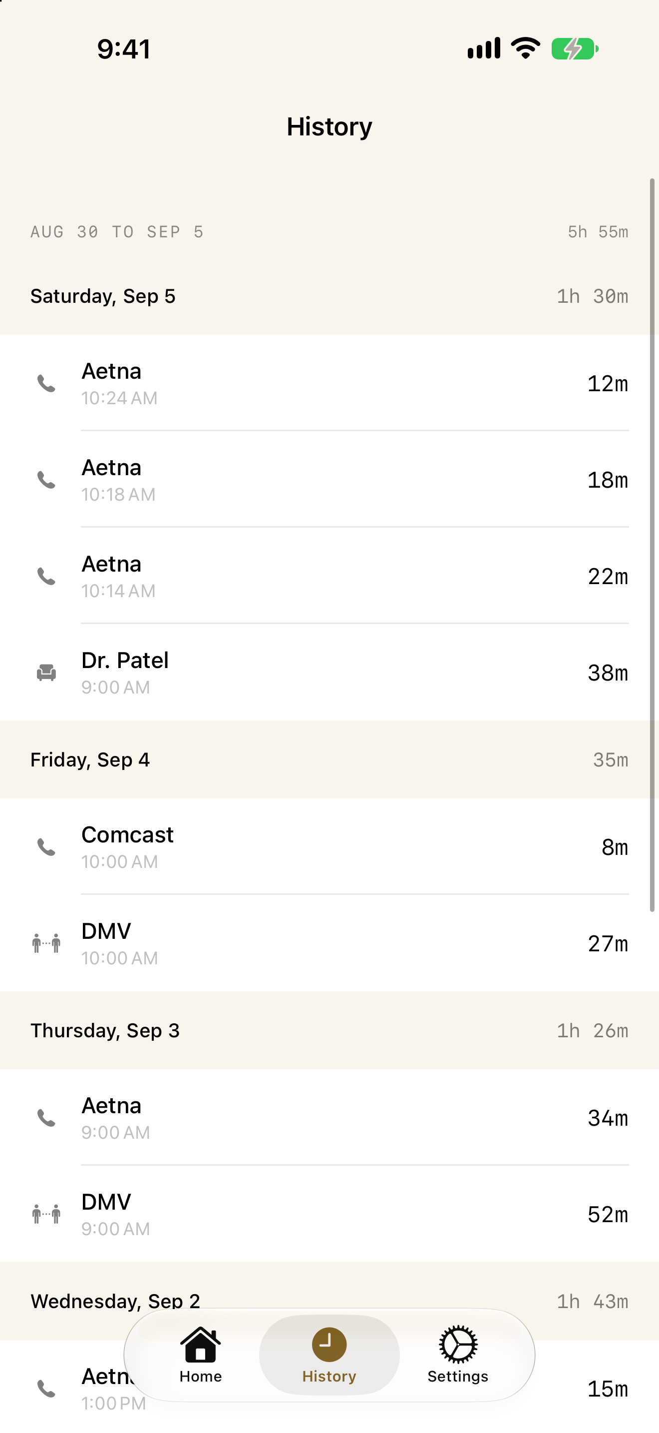 History, showing every wait grouped by week and day.