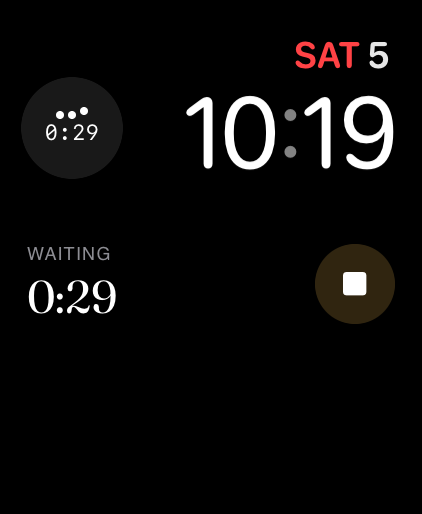 A watch face with the Moratine complication showing a running wait.