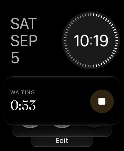 The Moratine card in the watch Smart Stack, showing a running wait and a stop button.